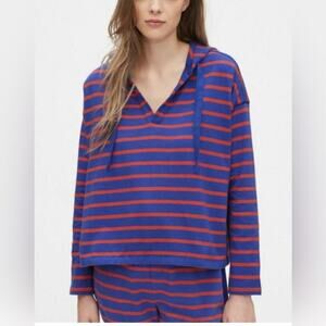 Gap Women’s Boxy Oversized Striped Long Sleeve V-Neck Hoodie Sz L Blue and Red
